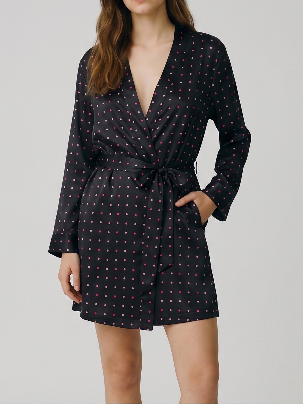 Morgan Taylor Black Long Sleeve Robe with pink Dots tie waist
